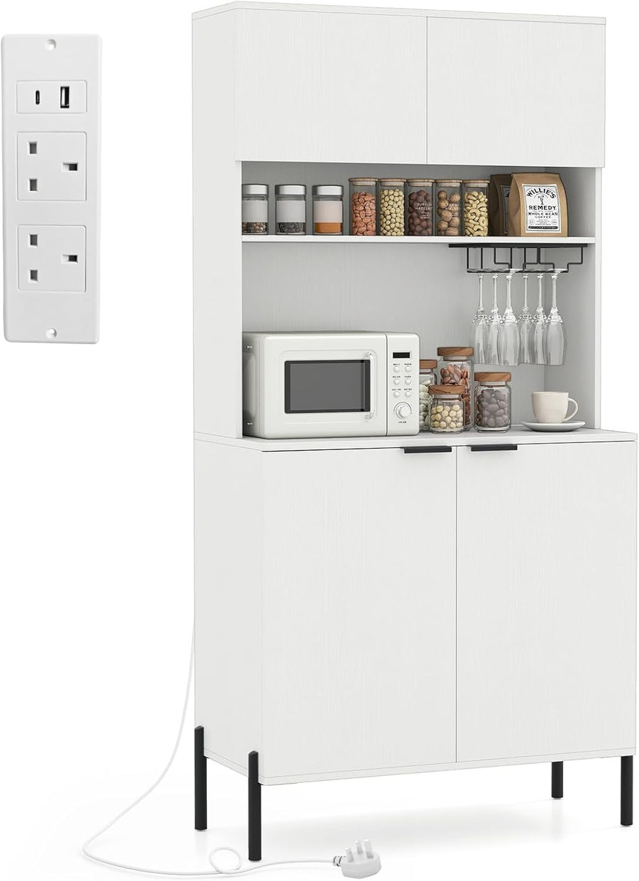 Tall Kitchen Cupboard 4-Door Pantry Storage Cabinet with Wine Rack & USB