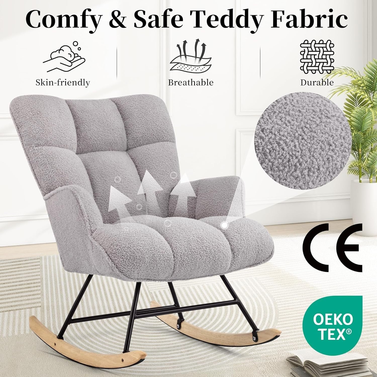 Comfy Nursery Rocking Chair Teddy Fabric Glider for Adults Bedroom