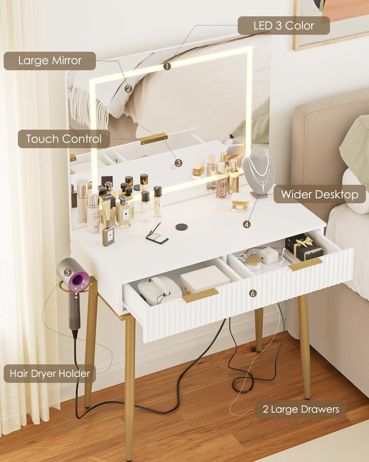 White Dressing Table Makeup Desk LED Light Mirror Drawers Gold Legs Modern
