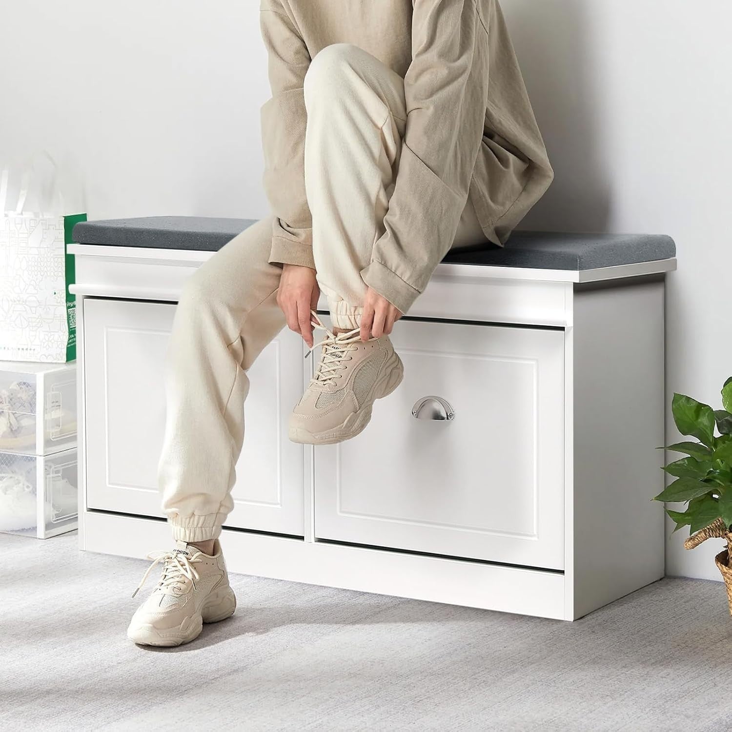 White Shoe Storage Bench with Flip Drawers & Cushion Seat 105x24x52cm