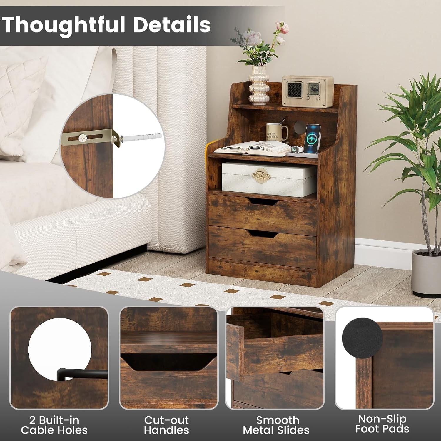 Rustic Brown LED Bedside Tables with Charging Station, Drawers & RGB Shelves (Se