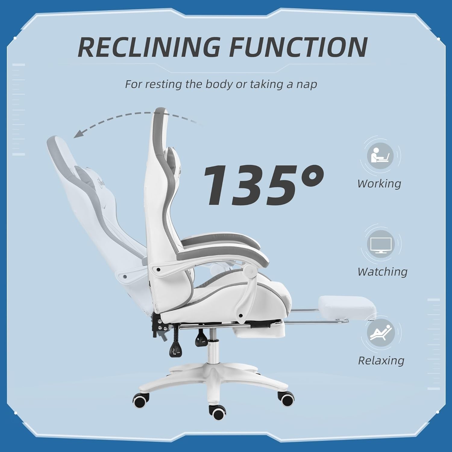 Gaming Chair PU Leather Recliner w/ Footrest 135° Swivel White
