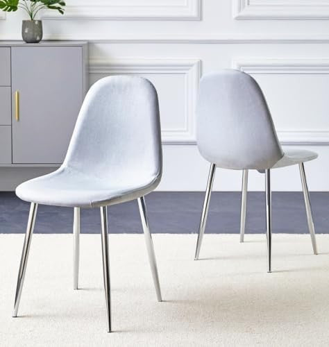 Modern Light Grey Dining Chairs Set of 2 – Fabric Upholstered Metal Legs