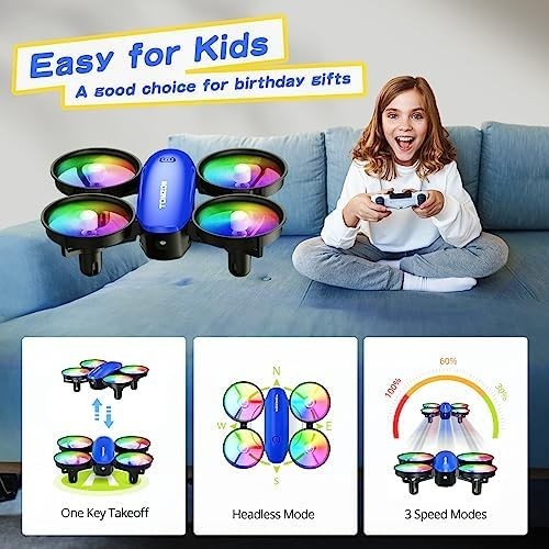 Mini LED Drone for Kids with 3D Flip, 5 Light Modes & 2 Batteries – Blue