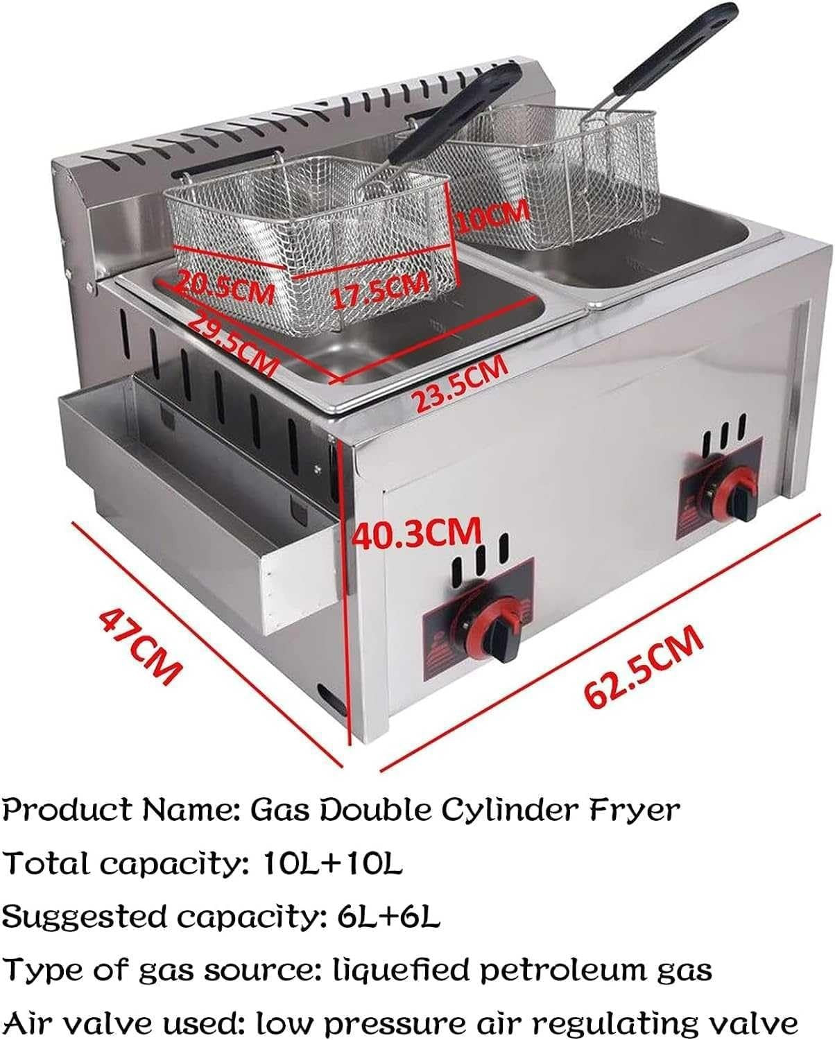 Double Tank LPG Gas Deep Fryer 20L Stainless Steel Commercial