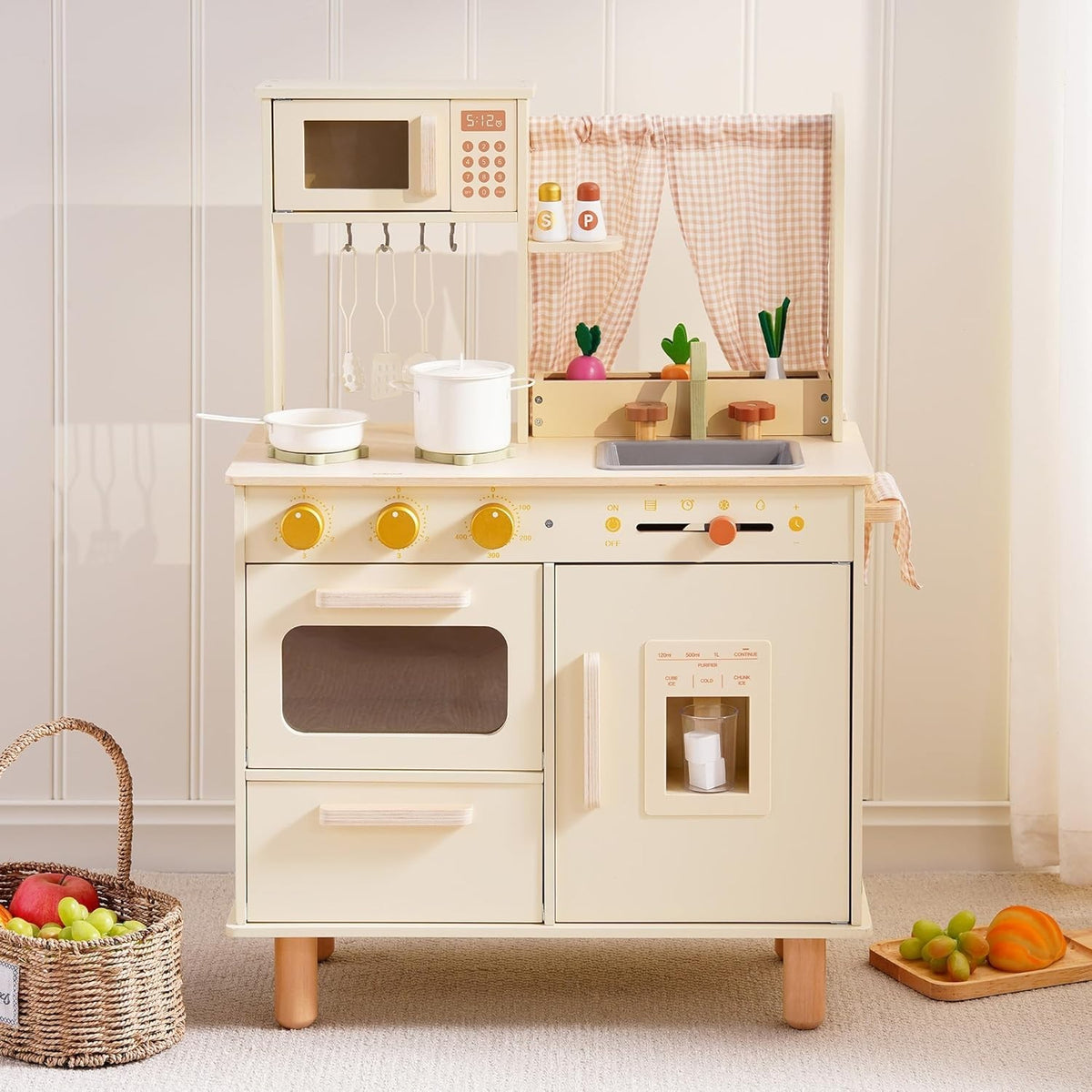 Wooden Kids Play Kitchen w/ Ice Maker Microwave Cream Toy