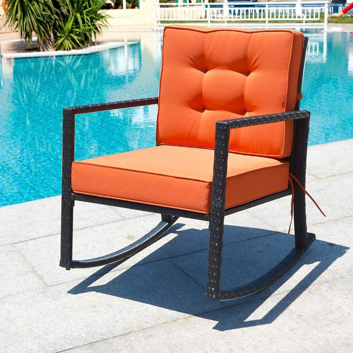 Outdoor Orange Rattan Rocking Chair with Cushions & Armrests Patio Glider