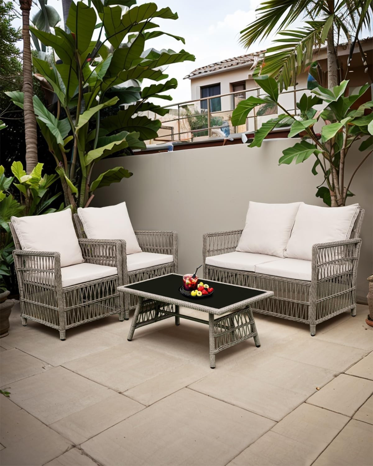 Rattan Garden Furniture Set 4 Piece Outdoor Sofa Set w/ Cushions Patio