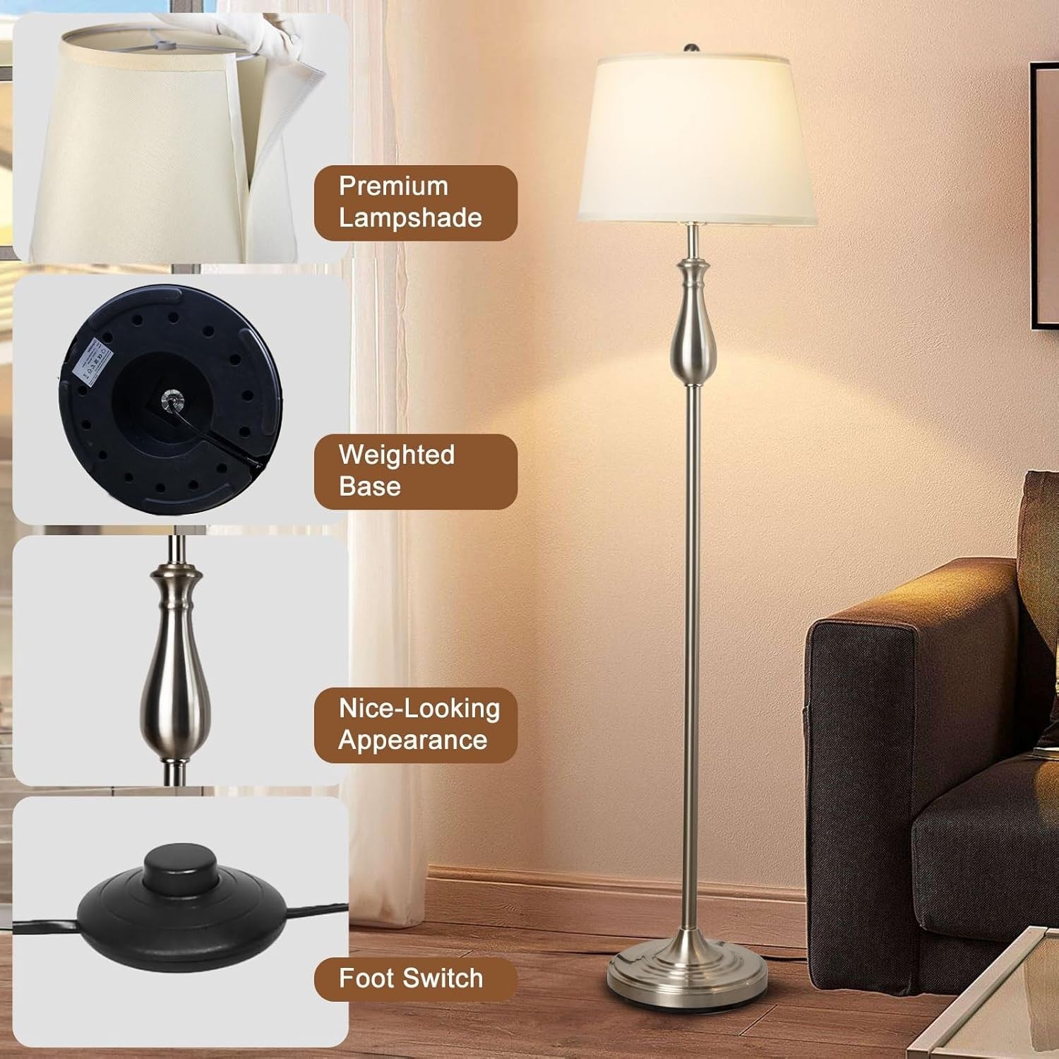 3-Piece Floor & Table Lamp Set with Soft Linen Shades, Silver, 51x25x51cm
