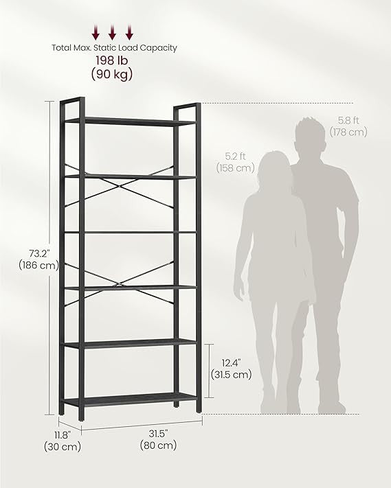 6 Tier Industrial Bookshelf Storage Unit Metal Frame 30×80×186cm Shelving