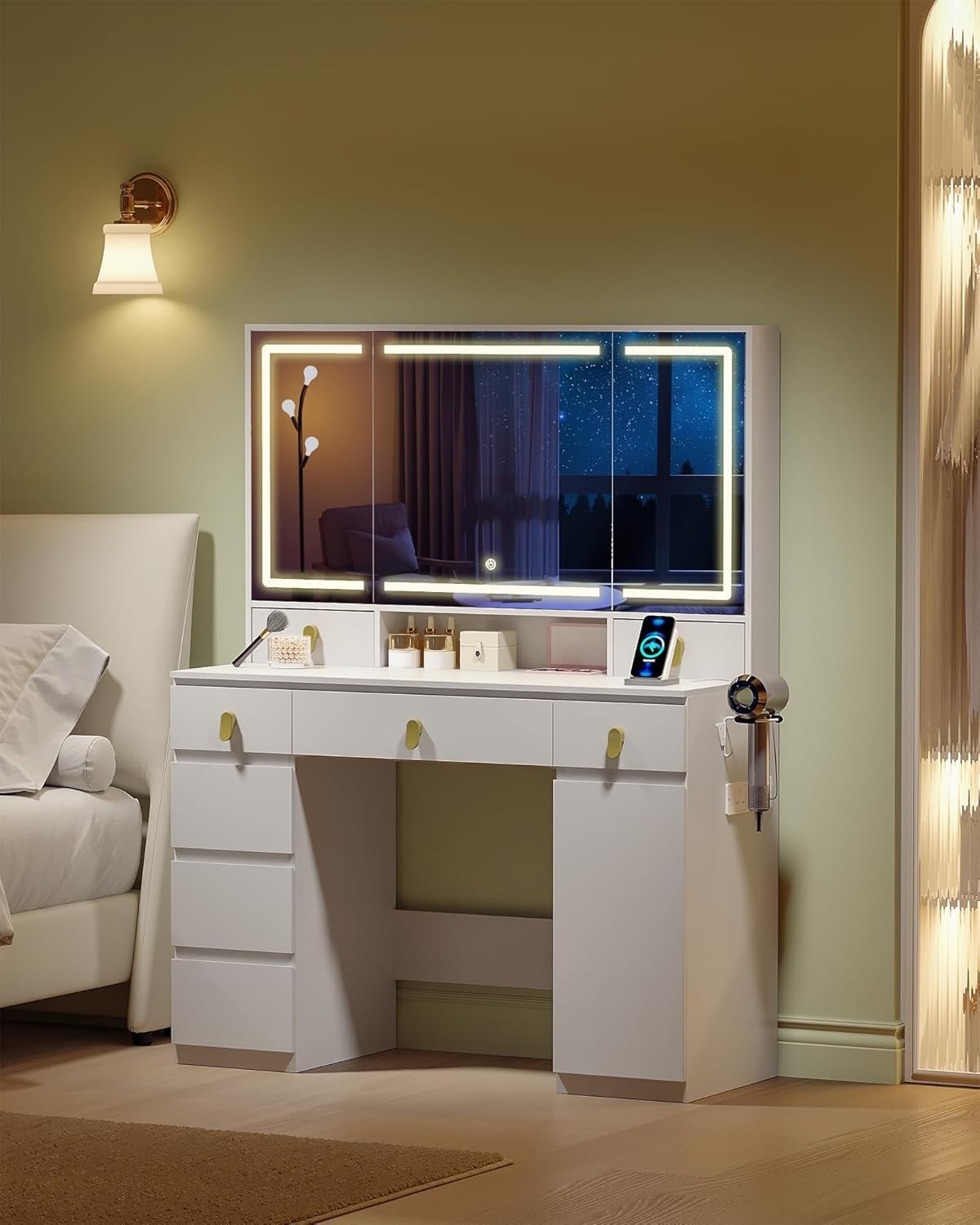 White Modern Dressing Table Vanity Desk with Lighted Mirror 8 Drawers Storage