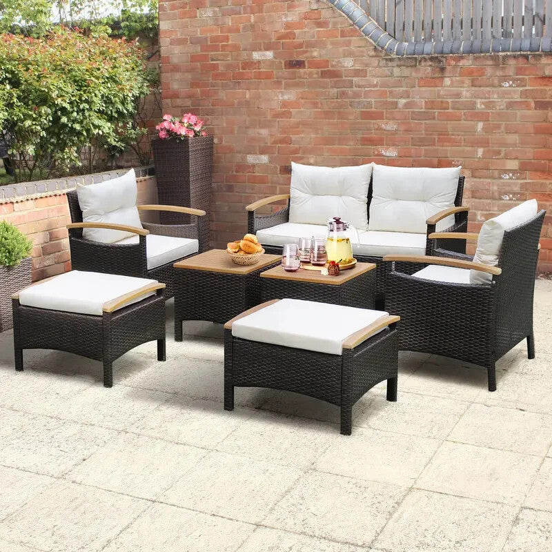 7PC Rattan Garden Patio Sofa Set – Outdoor Chairs Ottomans Table Cushions