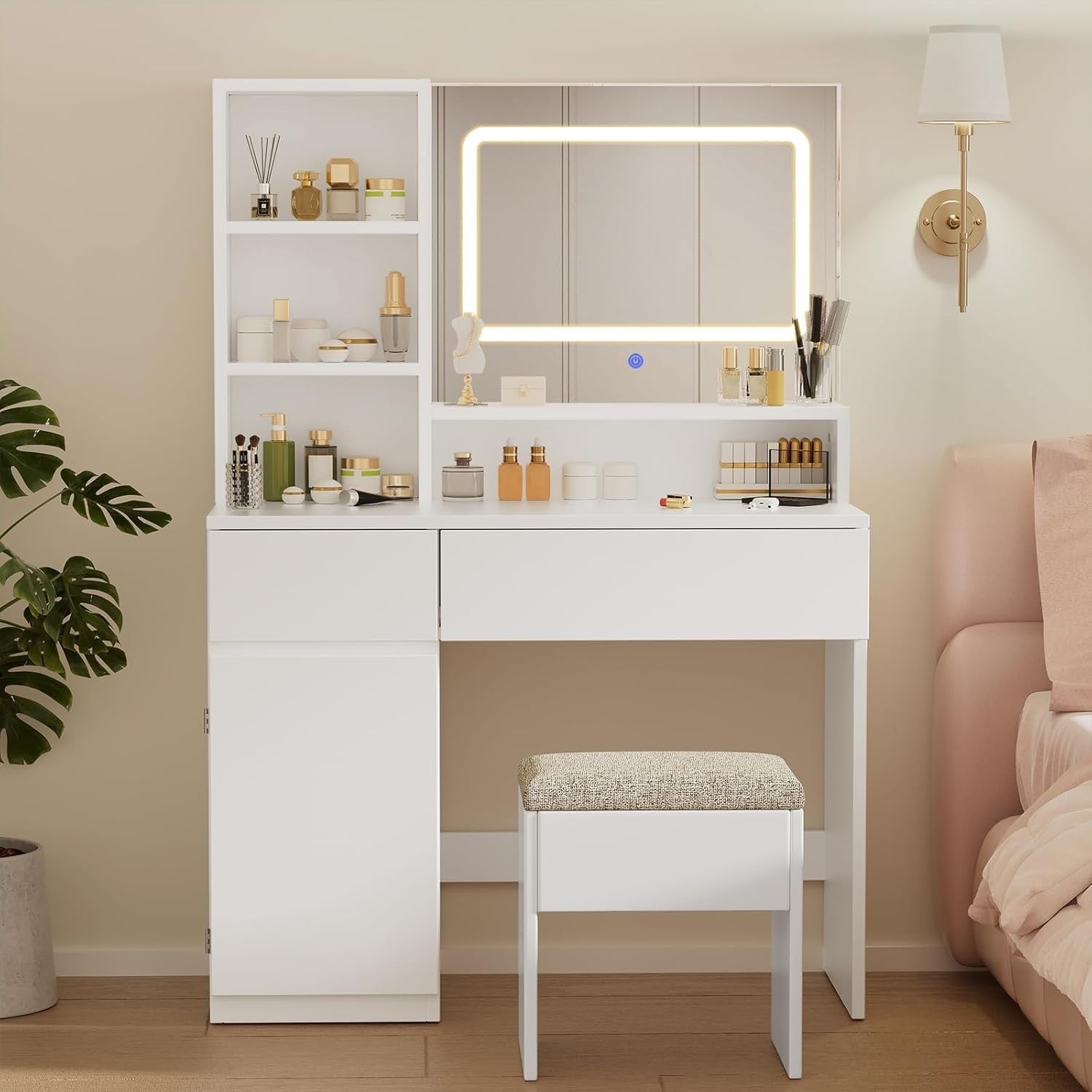 Modern LED Dressing Table Vanity Makeup Desk White 2 Drawers Storage Mirror