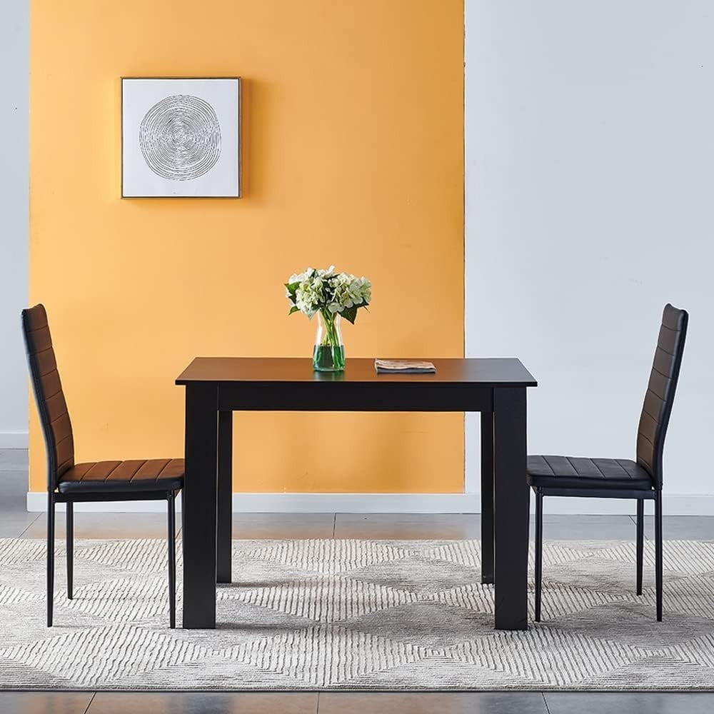 4 Chair Black Dining Table Set PU Leather Small Space Kitchen 110cm