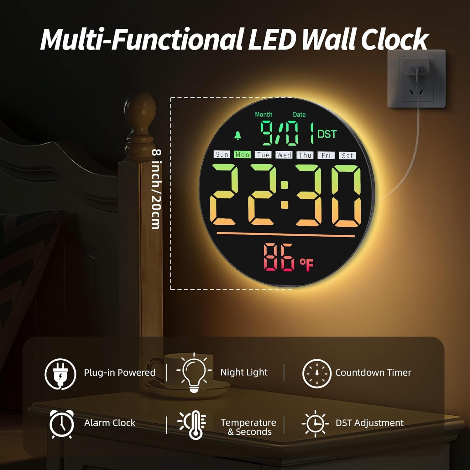 Round LED Digital Wall Clock RGB Display Temp Date Timer Alarm Remote Control