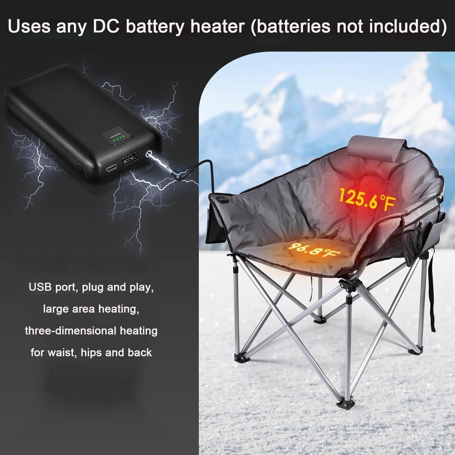 Heated Folding Camping Chair 3-Heat Levels USB Outdoor Warm Seat Hiking