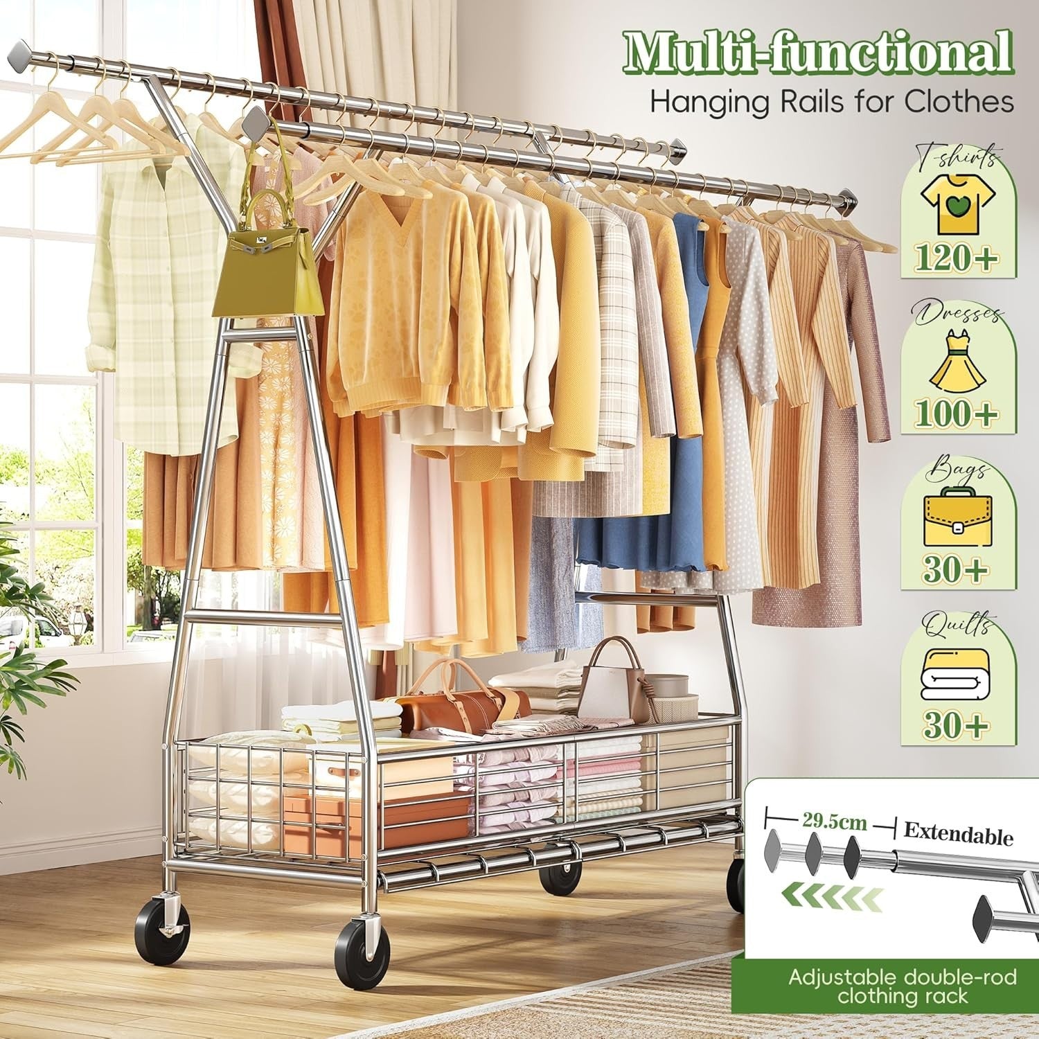 REIBII Heavy Duty Clothes Rail 285KG Double Rod Rack with Wheels