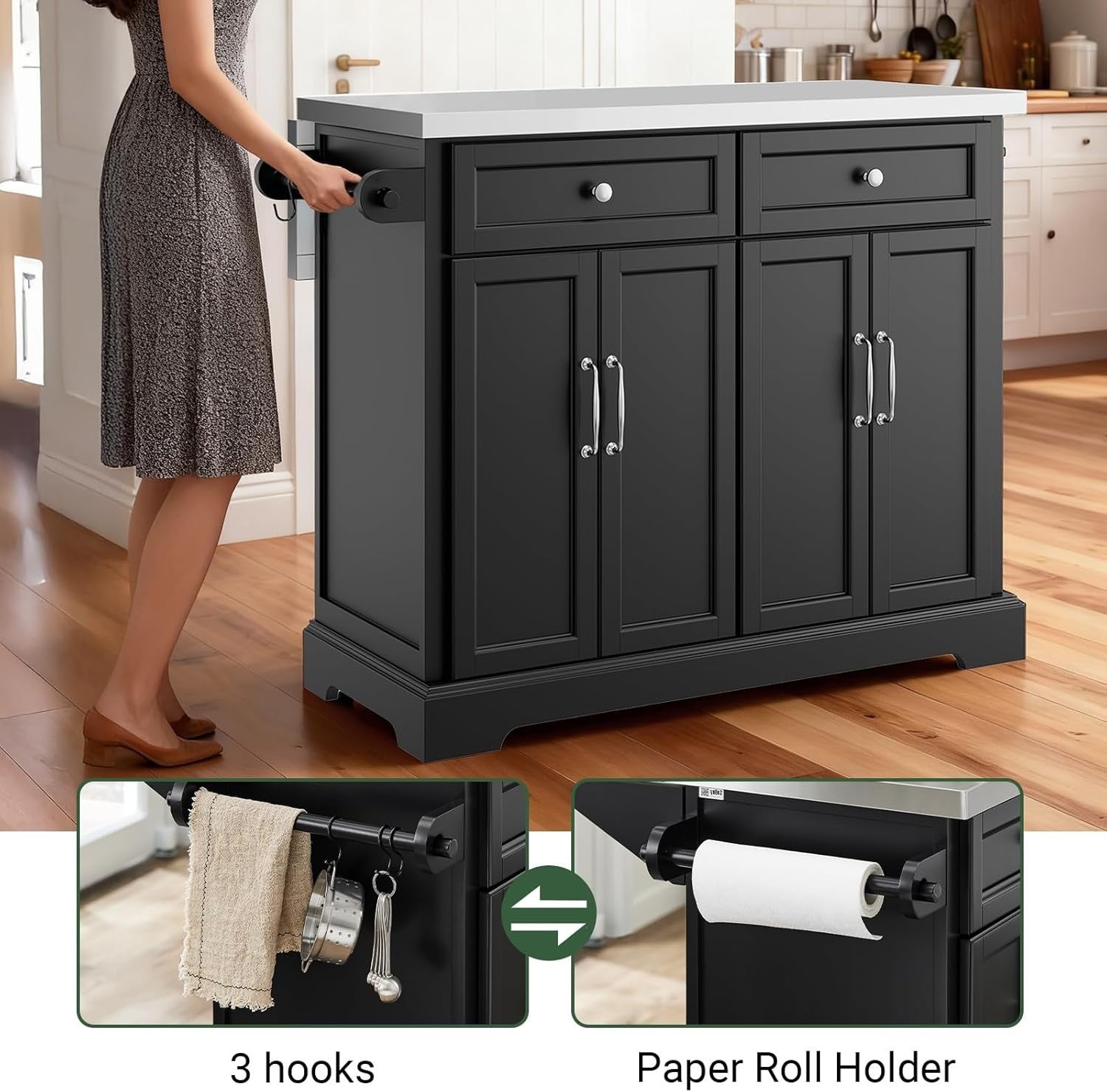 Black Rolling Kitchen Island Extendable Worktop 115cm