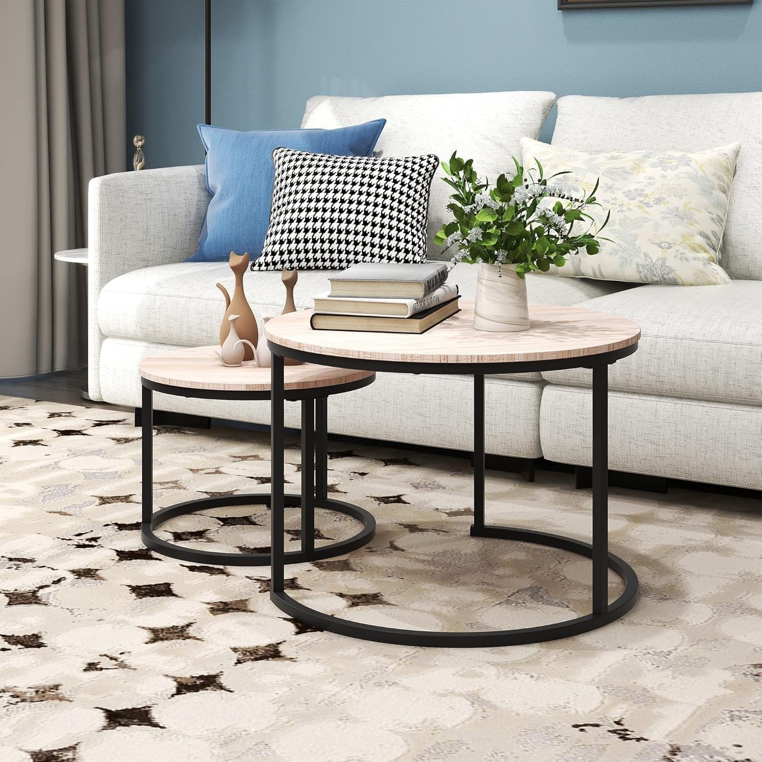 White Oak Nesting Coffee Tables Set of 2 – Round Space-Saving Side Tables