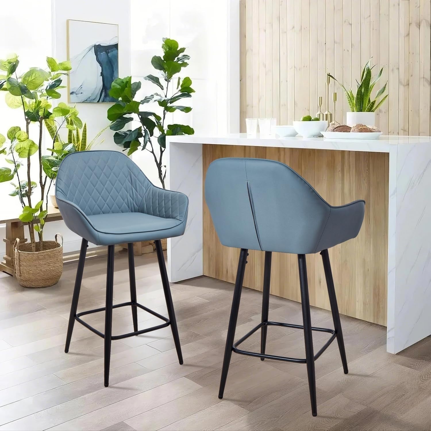 Blue Faux Leather Bar Stools Set of 2 | Modern Kitchen & Counter Chairs