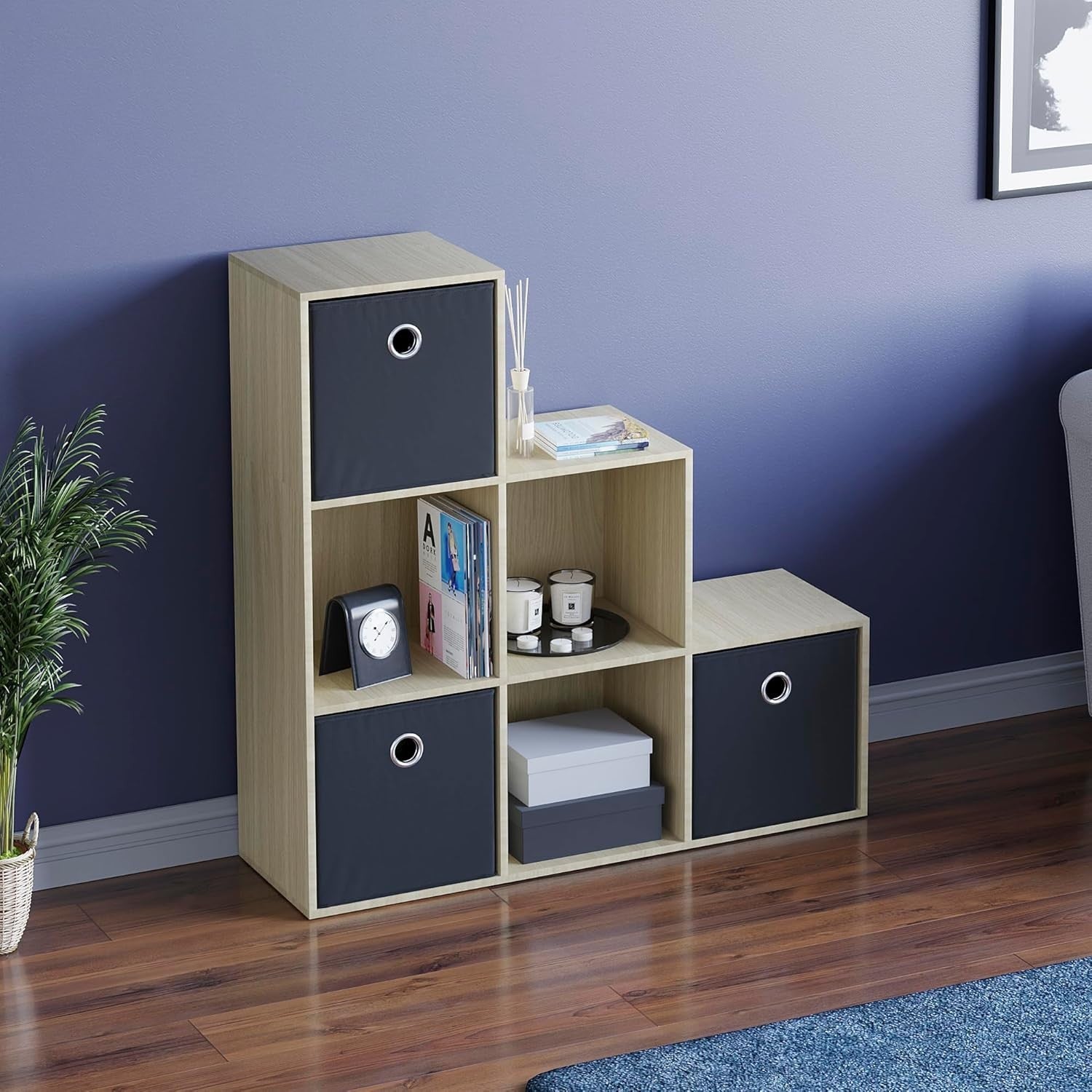 6 Cube Oak Staircase Bookcase with 3 Baskets – Modern Durable Storage
