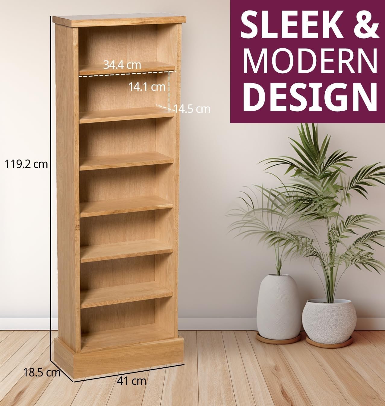 Solid Oak CD DVD Storage Tower 7 Shelf Media Bookcase Display Unit