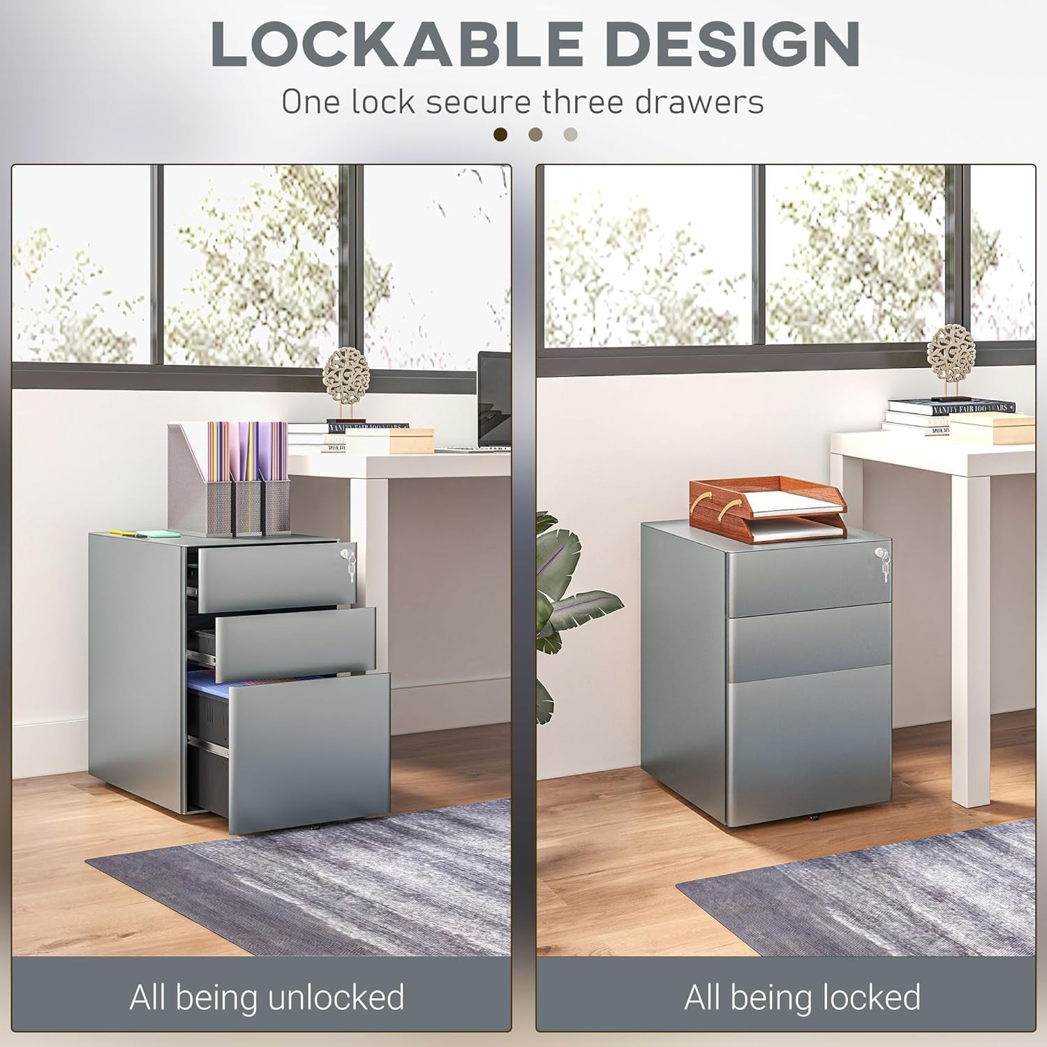 Grey 3 Drawer Mobile Filing Cabinet Lockable Steel A4 Letter Office Storage