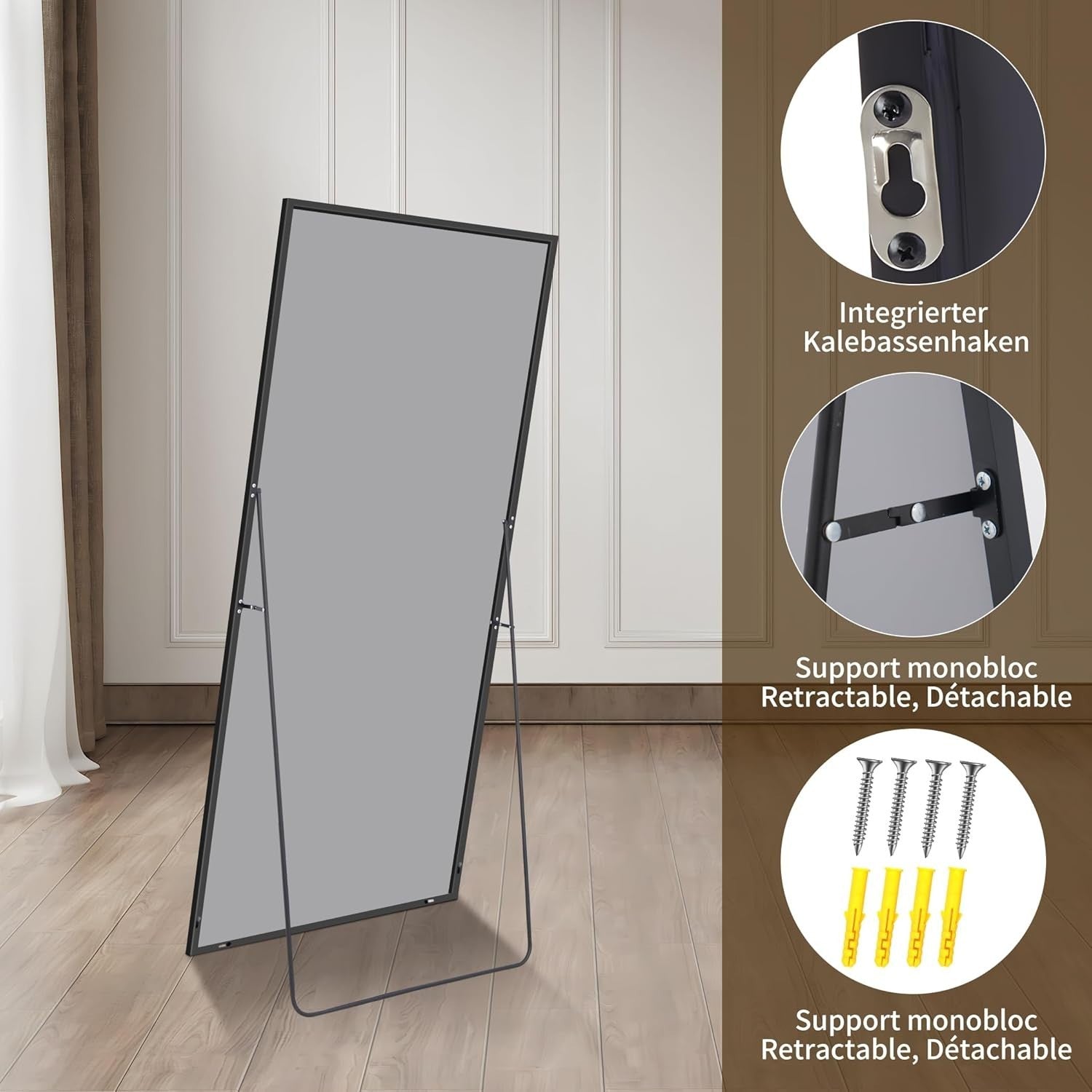 Full Length Black Mirror 147x44cm Freestanding & Wall Mount Bedroom Use