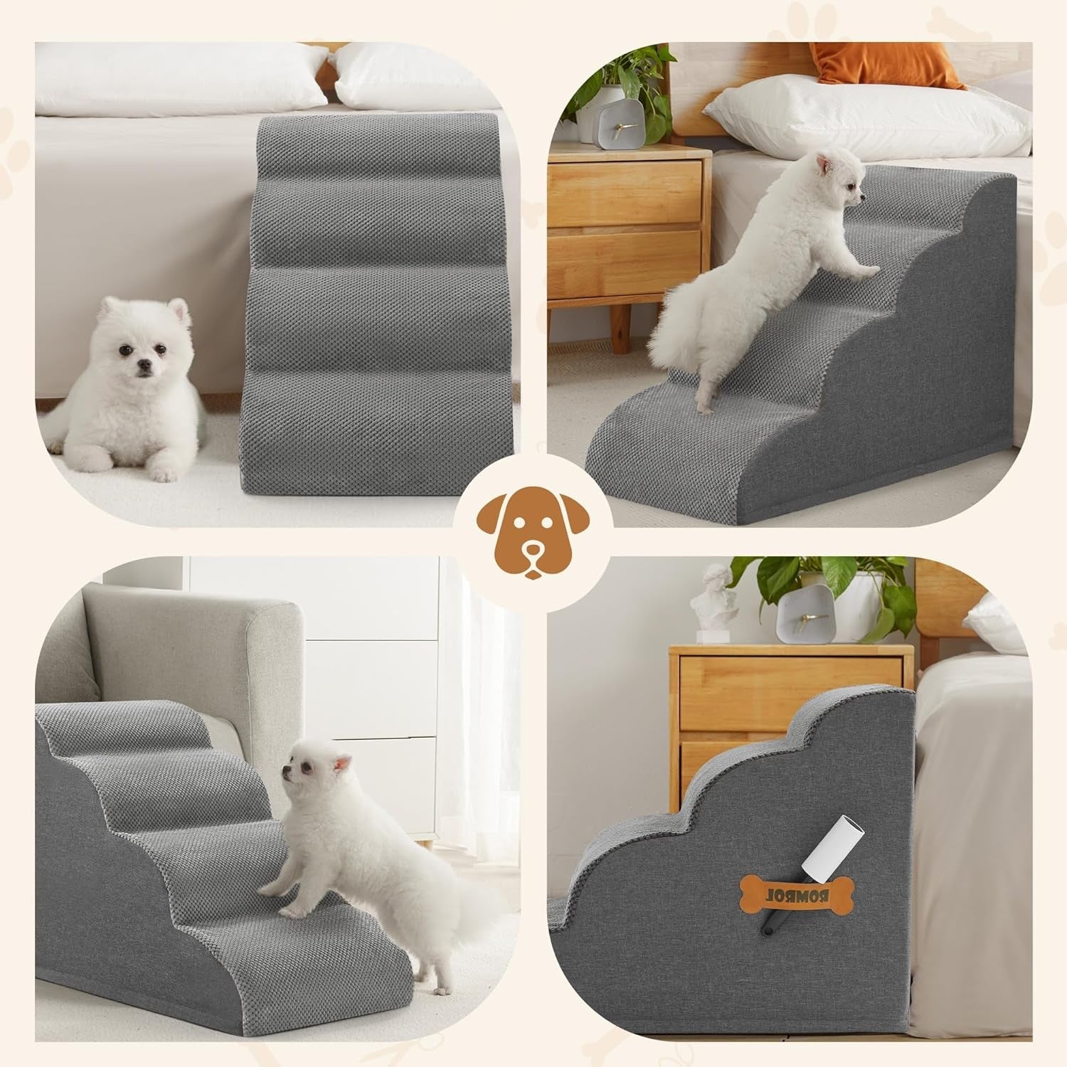 4 Step Dog Stairs Non Slip Pet Ramp for Bed Sofa Washable Grey