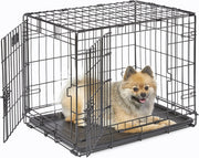 Double Door Small Dog Crate 24" Foldable Metal Cage with Divider, Leak-Proof Pan