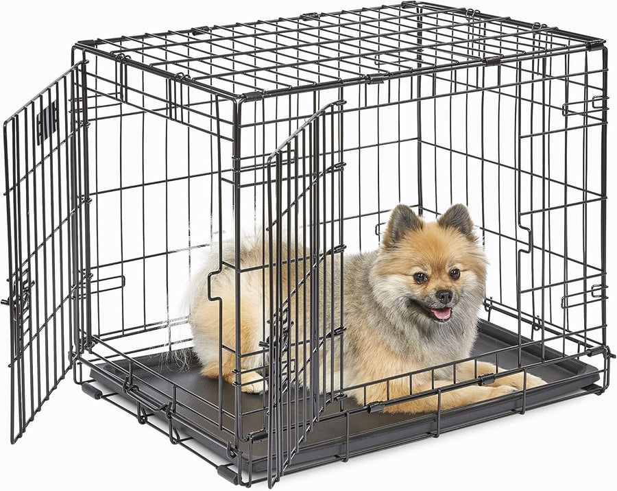 Double Door Small Dog Crate 24" Foldable Metal Cage with Divider, Leak-Proof Pan