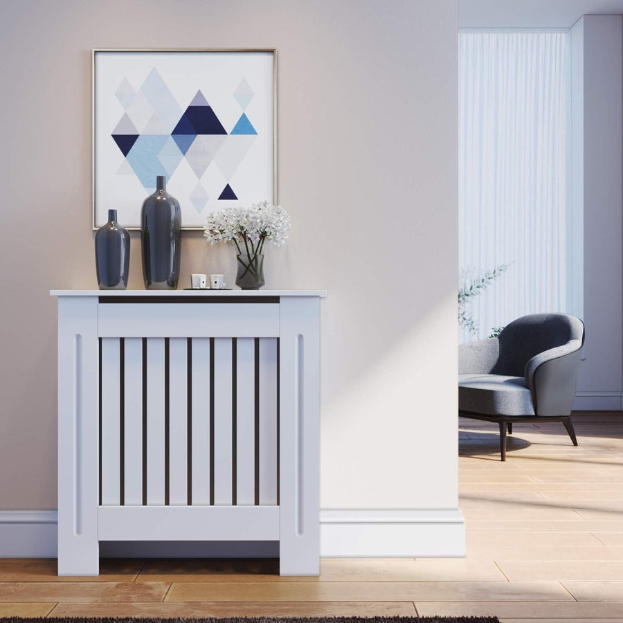 Small Modern Radiator Cover Cabinet White Slatted MDF Shelf