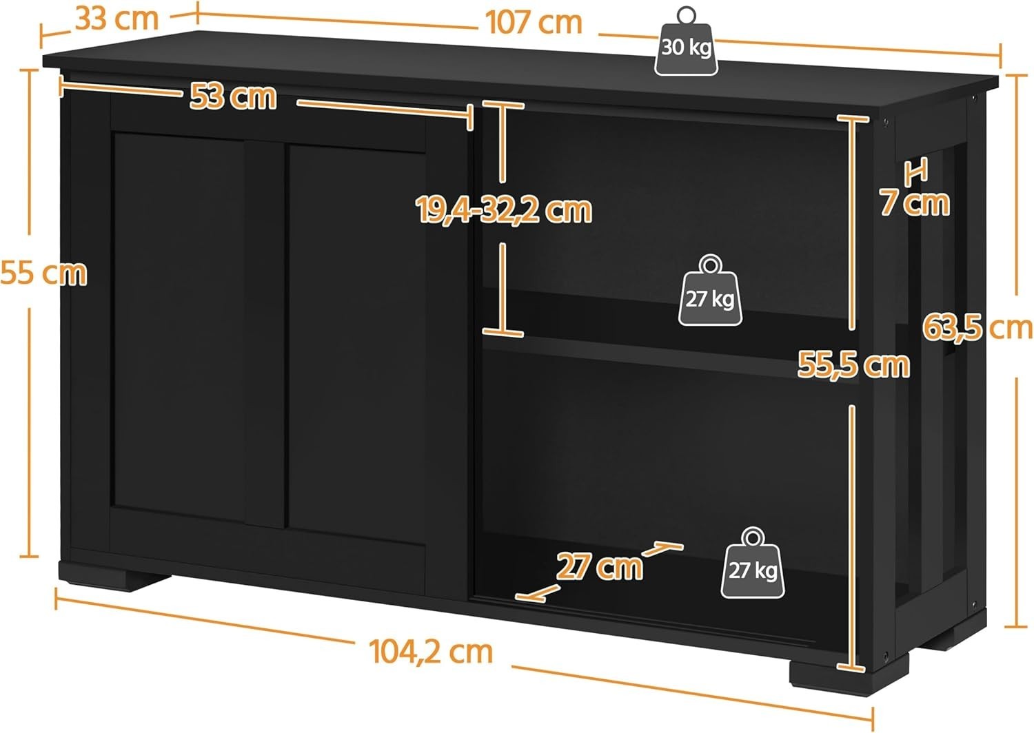 Black Sideboard Cabinet 63.5cm Buffet Sliding Door Adjustable Shelf