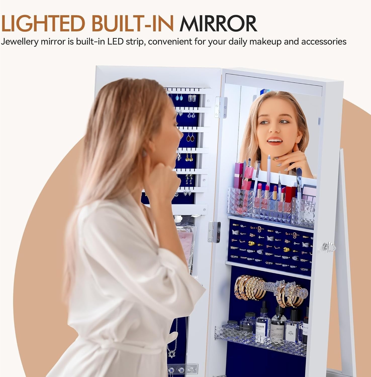 White 360° Rotating Jewellery Cabinet Full Length Mirror with Wheels
