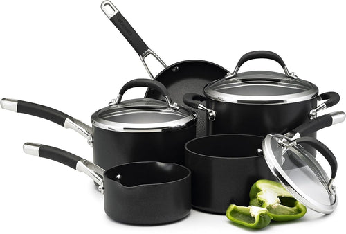 5pcs Black Induction Non Stick Cookware Set – Soft Grip Handles Glass Lids