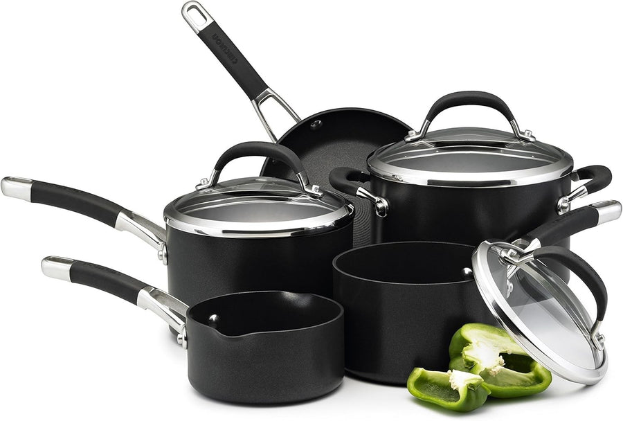 5pcs Black Induction Non Stick Cookware Set – Soft Grip Handles Glass Lids