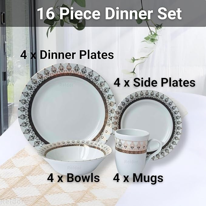 16pc Gold Floral Porcelain Dinnerware Set Plates Bowls Mugs Service for 4
