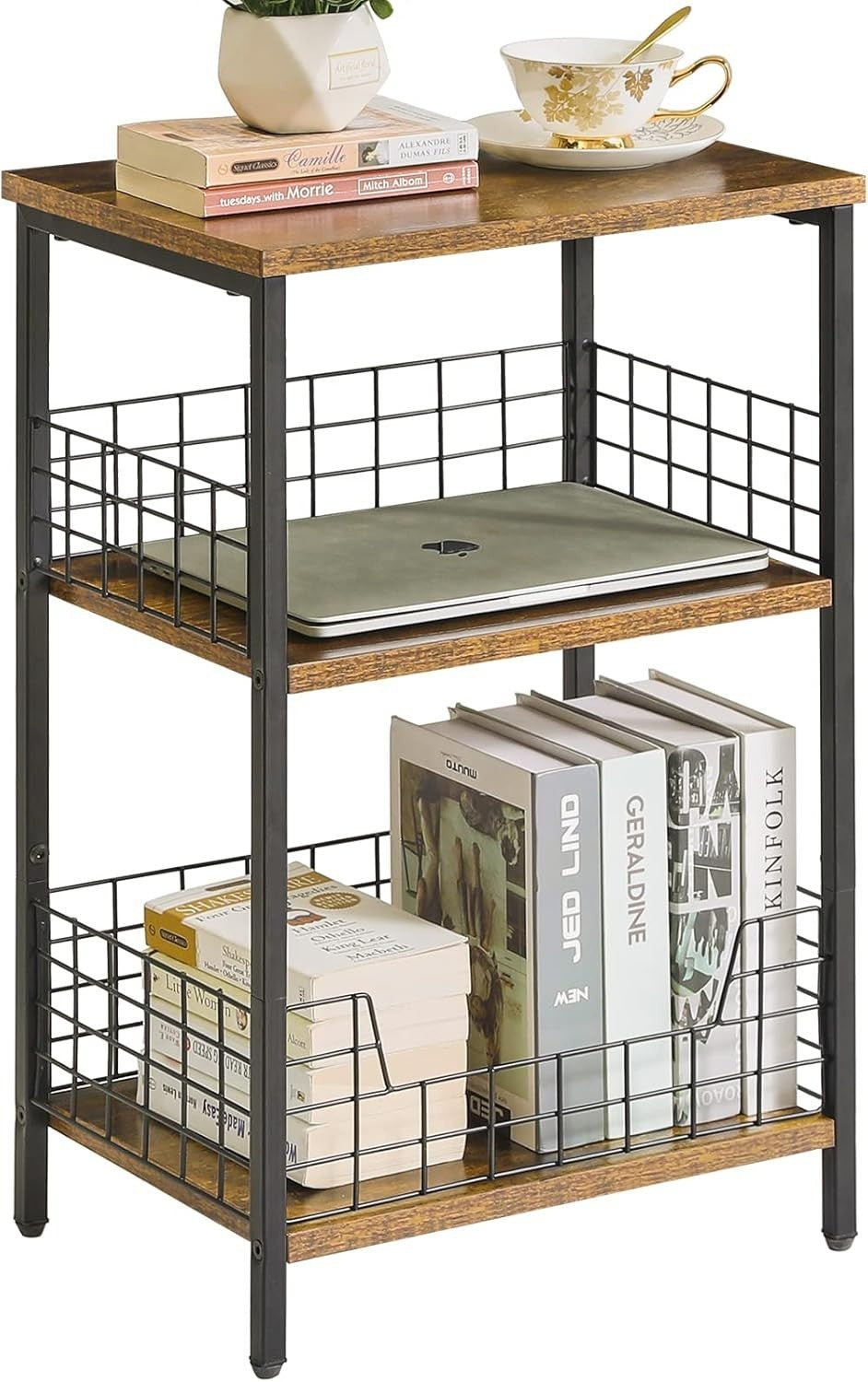 3-Tier Industrial Side Table with Storage Rack | Compact Rustic Brown 40x29x62cm