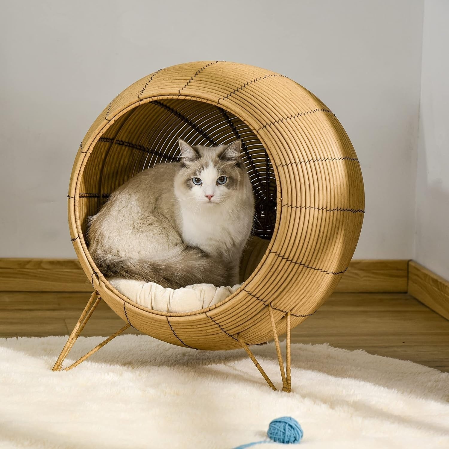 Elevated Wicker Cat Bed Rattan Pet Cave House w Cushion 52cm