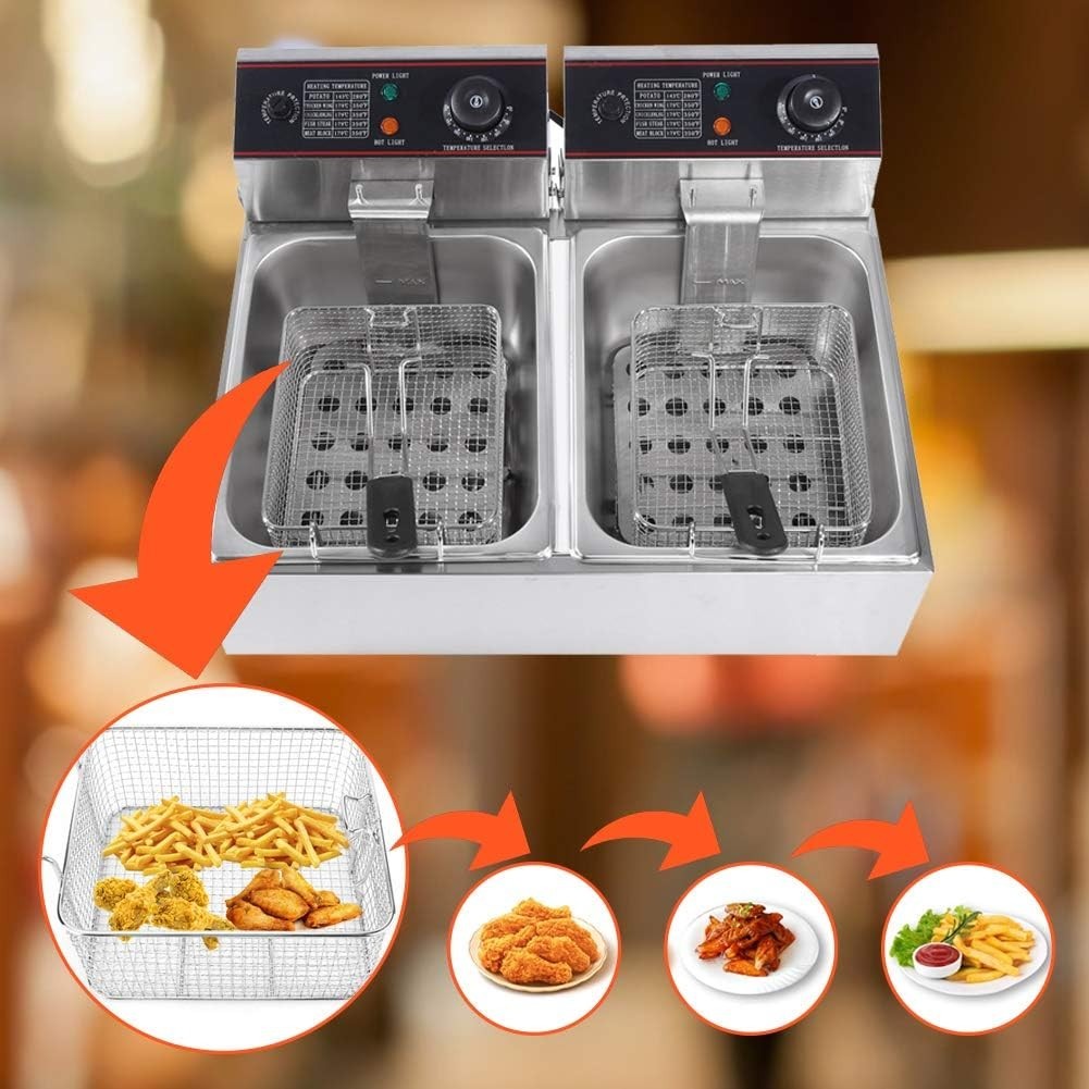 Commercial Double Deep Fat Fryer 12L 3000W Stainless Steel Dual Tank