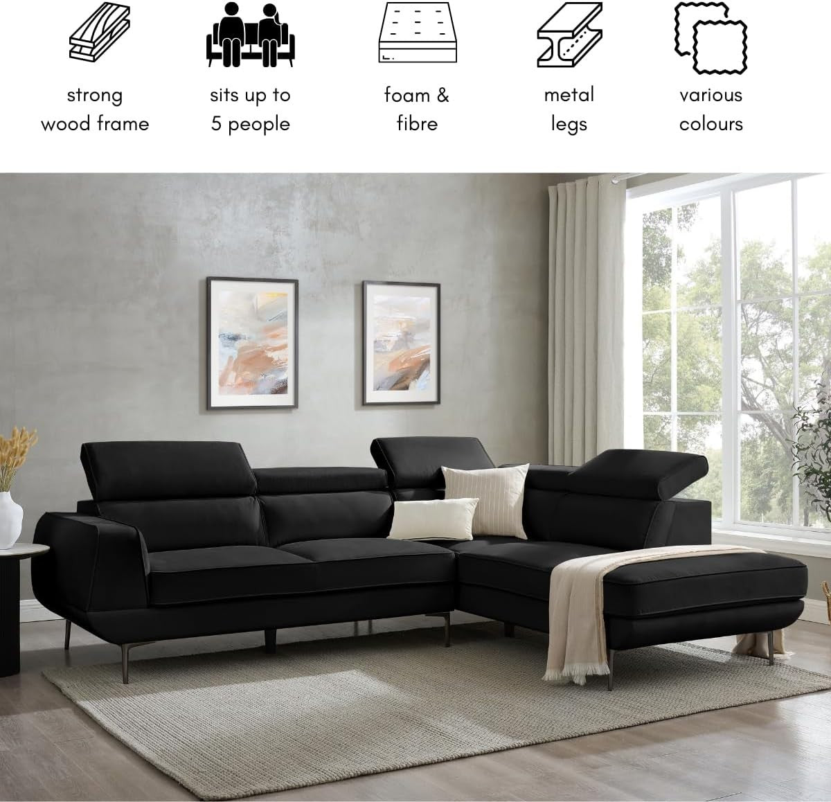 5 Seater L-Shaped Velvet Sofa in Black with Adjustable Headrests & Metal Legs