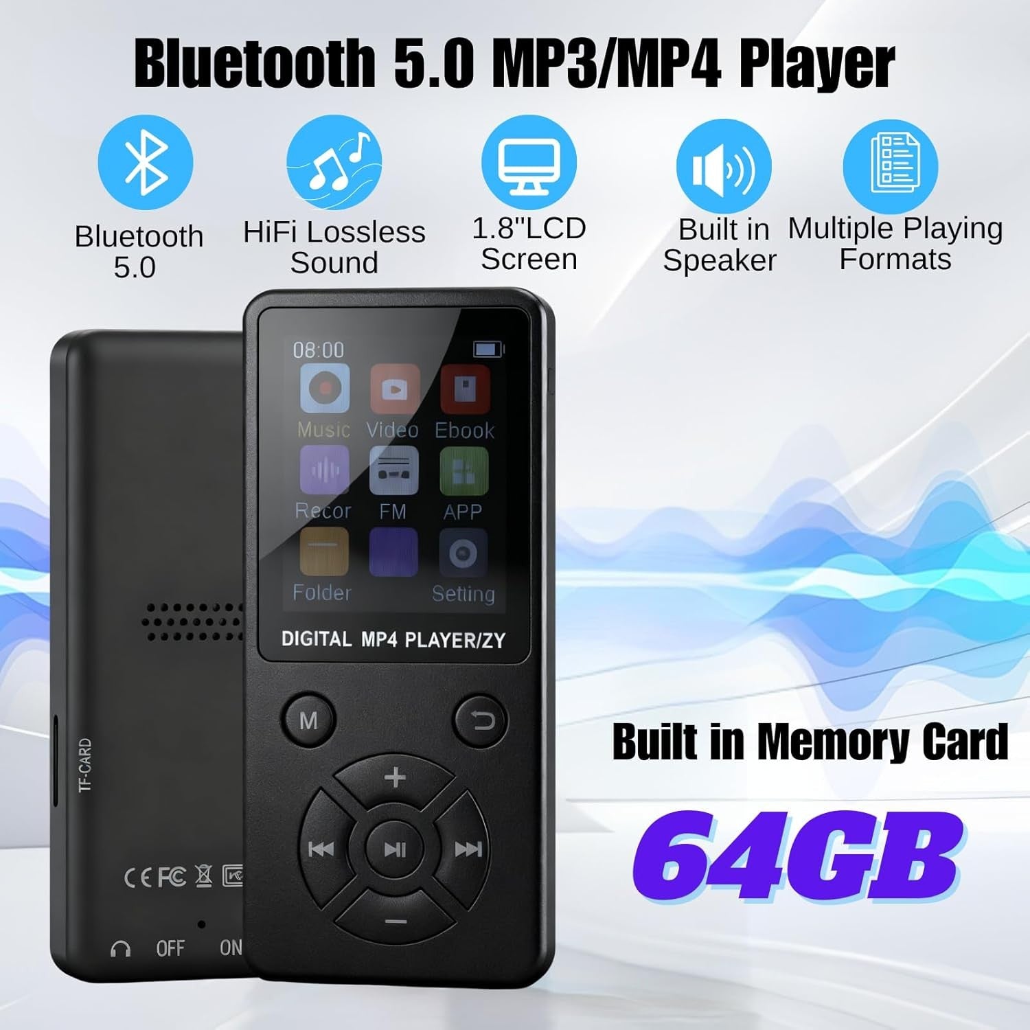 64GB Bluetooth 5.0 MP3 Player Black 1.8" LCD FM