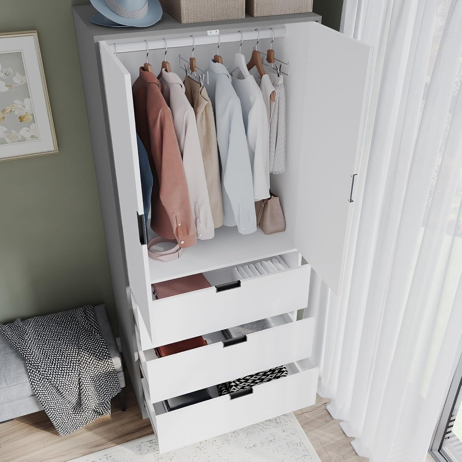White 2 Door Wardrobe with 3 Drawers & Rail | 180cm Modern Storage