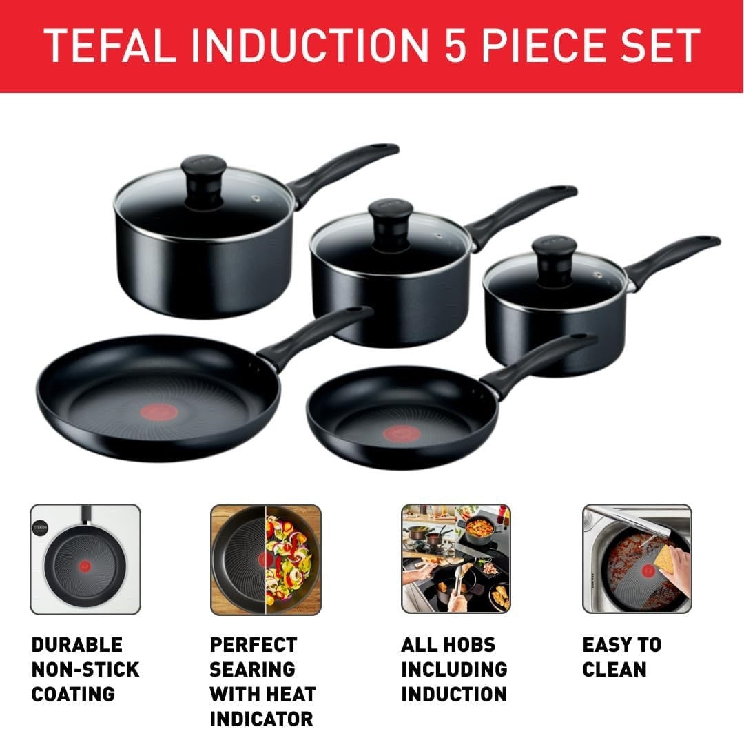 5pcs Titanium Non Stick Induction Cookware Set with Thermo Signal Glass Lids