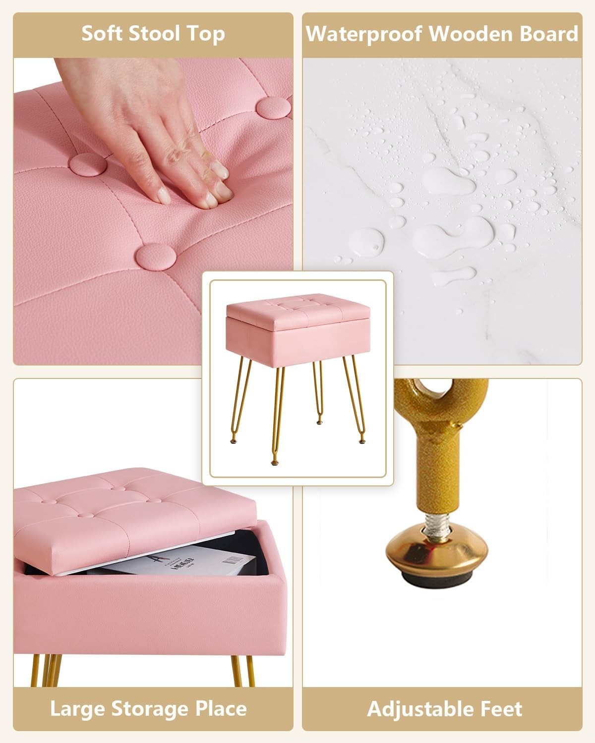 Pink PU Leather Vanity Stool with Storage & Flip Tabletop – Adjustable Legs