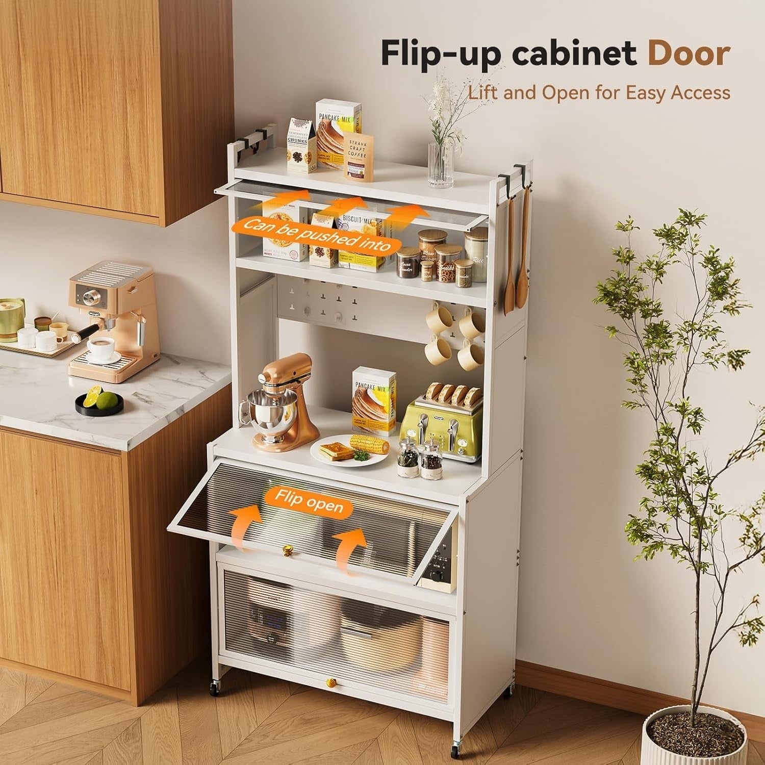 5-Tier Kitchen Storage Cabinet with Flip Door & Wheels White | 80x40x162cm