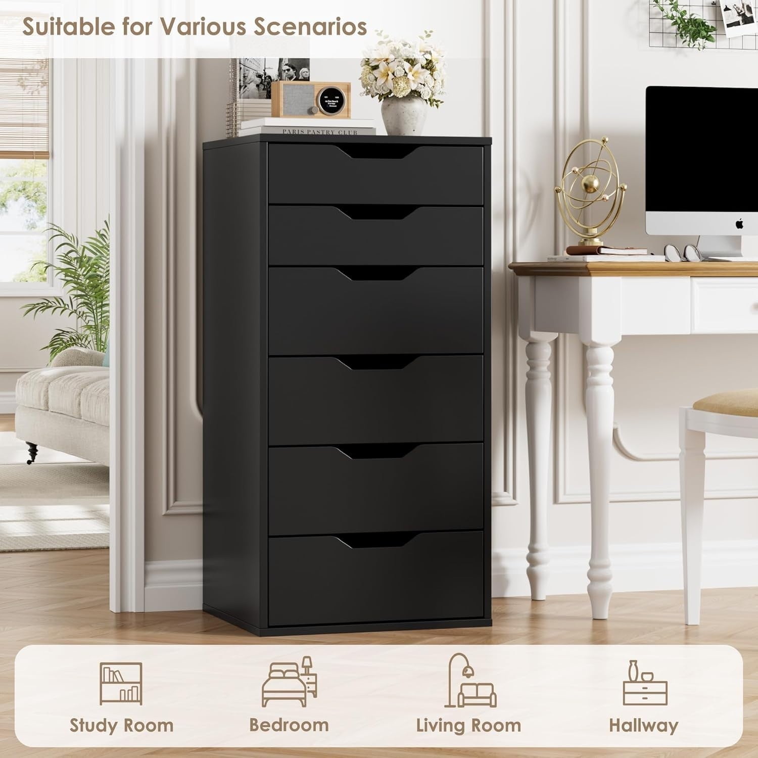 6-Drawer Tall Black Storage Cabinet Bedroom Dresser Modern Organizer Unit