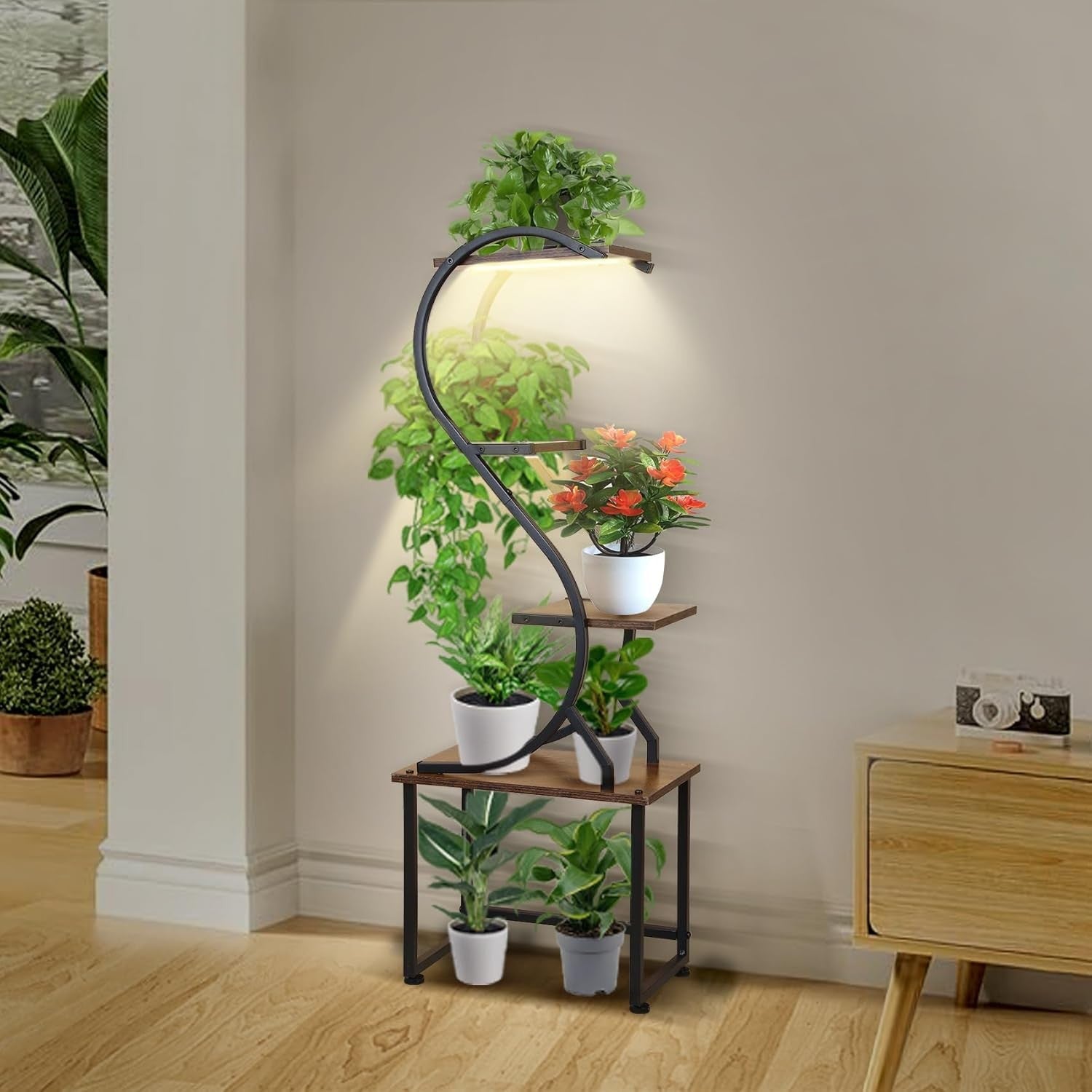 4 Tier Metal Plant Stand with Grow Lights Indoor S Shape Shelf for Living Room