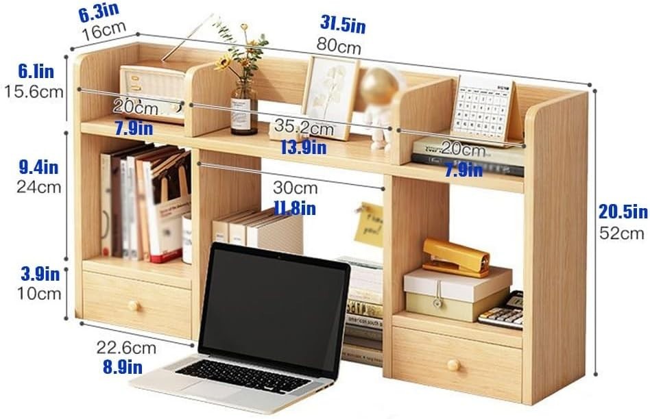 3-Tier Wood Desk Hutch Organizer w/ Drawers White Desktop Bookshelf 100x16x52cm