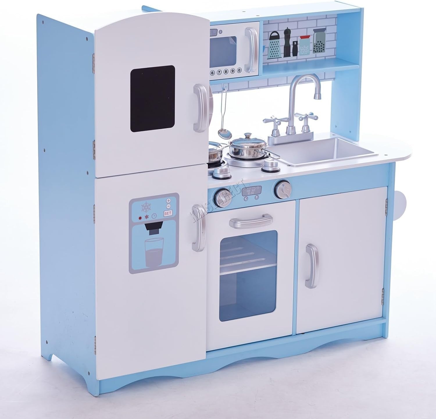 Wooden Kids Play Kitchen Role Play Cooking Toy Set Blue Accessories